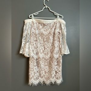 White and nude off-the shoulder mini dress